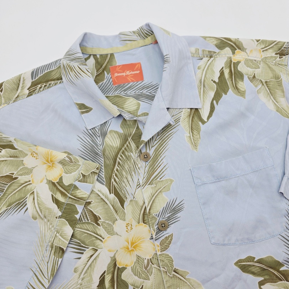 Tommy Bahama Mens XL Blue Tropical Hibiscus Palm Leaf 100% Silk Camp Shirt